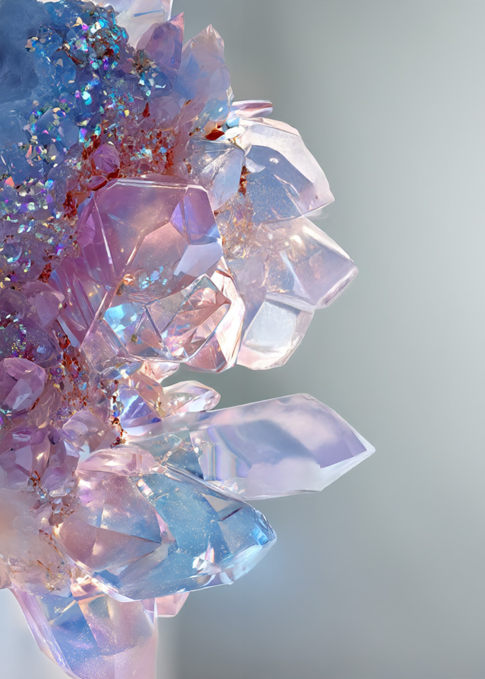 Softly illuminated crystals symbolizing clarity, balance, and a stress-free experience at Bogat Aesthetics & Wellness.