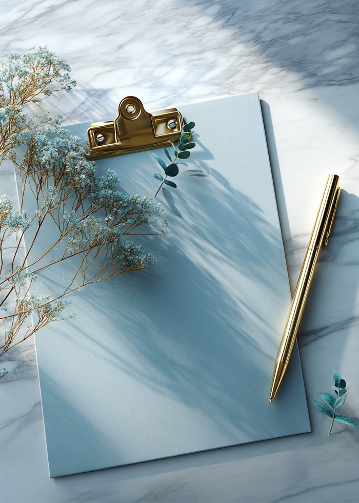Golden pen and notepad in soft morning light, representing easy appointment scheduling at Bogat Aesthetics & Wellness.