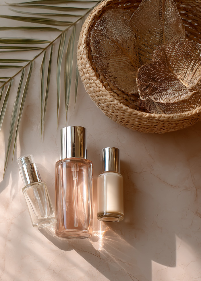 Calming wellness products arranged with soft sunlight and palm shadows – Bogat Aesthetics & Wellness.