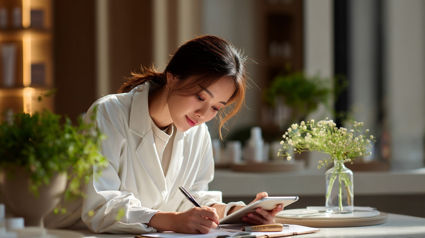 Wellness professional completing application paperwork in a calm, modern workspace at Bogat Aesthetics & Wellness.