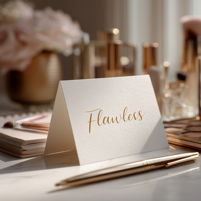 Gold pen and ‘Flawless’ card on a refined desk, representing Bogat’s commitment to excellence and premium service.