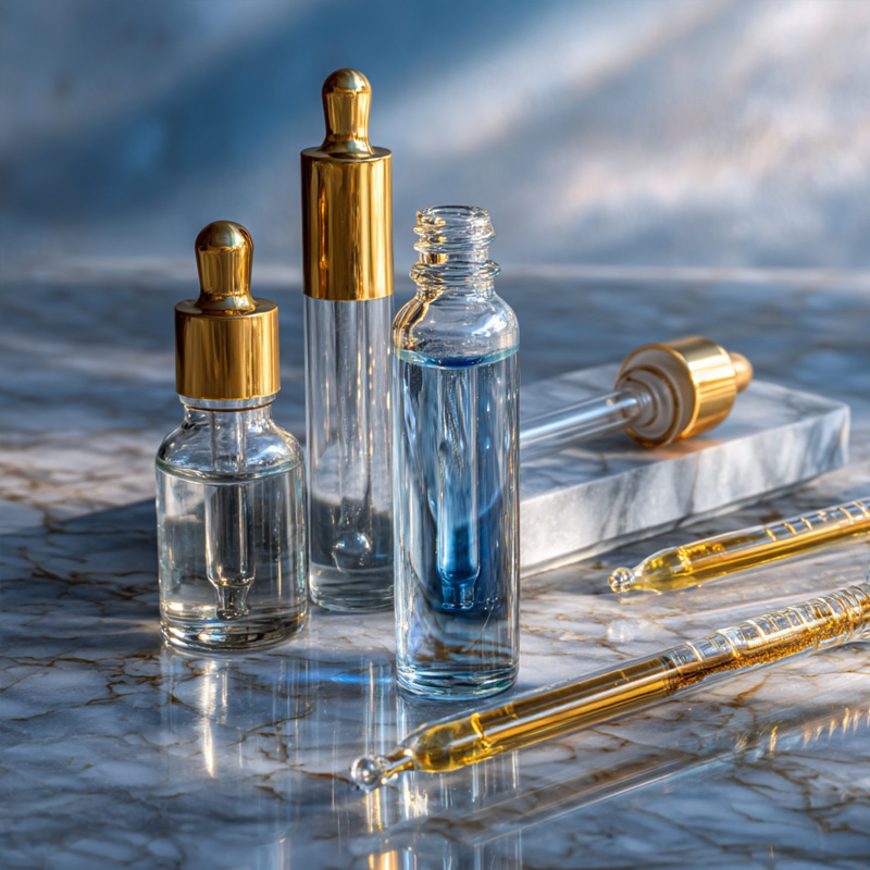 Elegant glass bottles and a gold pen on marble, reflecting Bogat’s refined and professional workplace aesthetic.