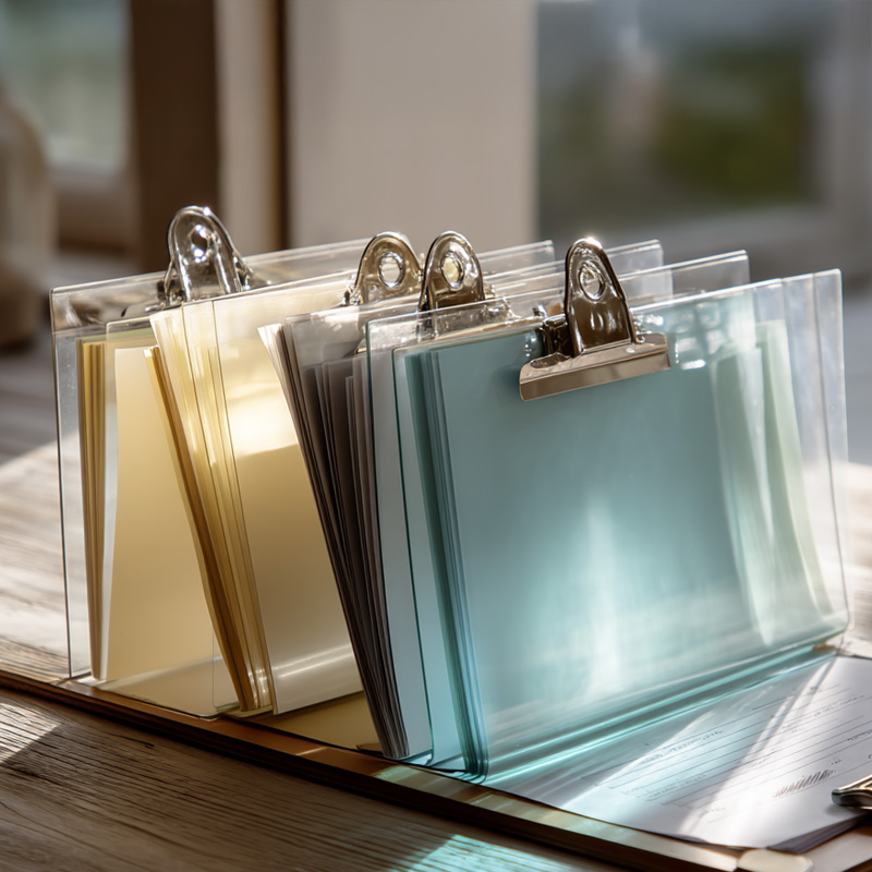 Neatly arranged file folders in soft natural light, representing organized, professional operations at Bogat Aesthetics & Wellness.