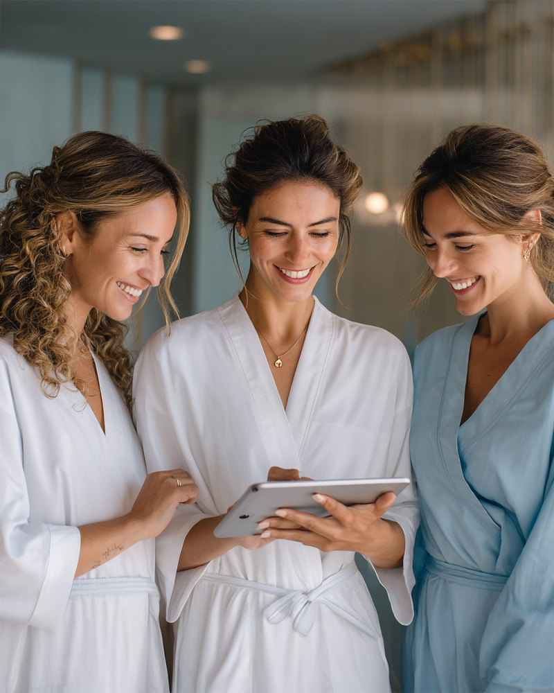 Spa team members reviewing information together, reflecting collaboration and excellence at Bogat Aesthetics & Wellness.