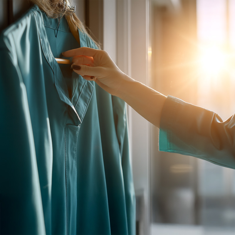 Aesthetic professional preparing a teal uniform, symbolizing readiness and attention to detail at Bogat.