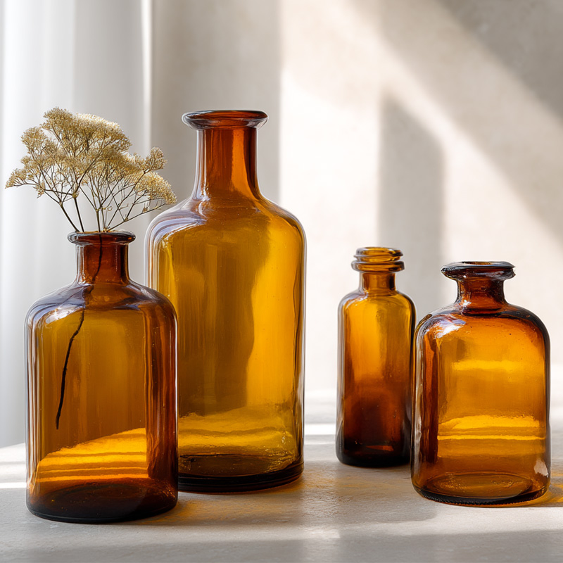 Amber wellness bottles glowing in warm sunlight, showcasing Bogat’s serene and holistic work environment.