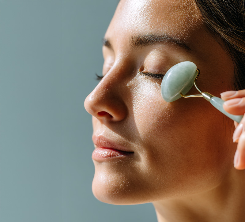 Woman applying makeup following aesthetic treatment.