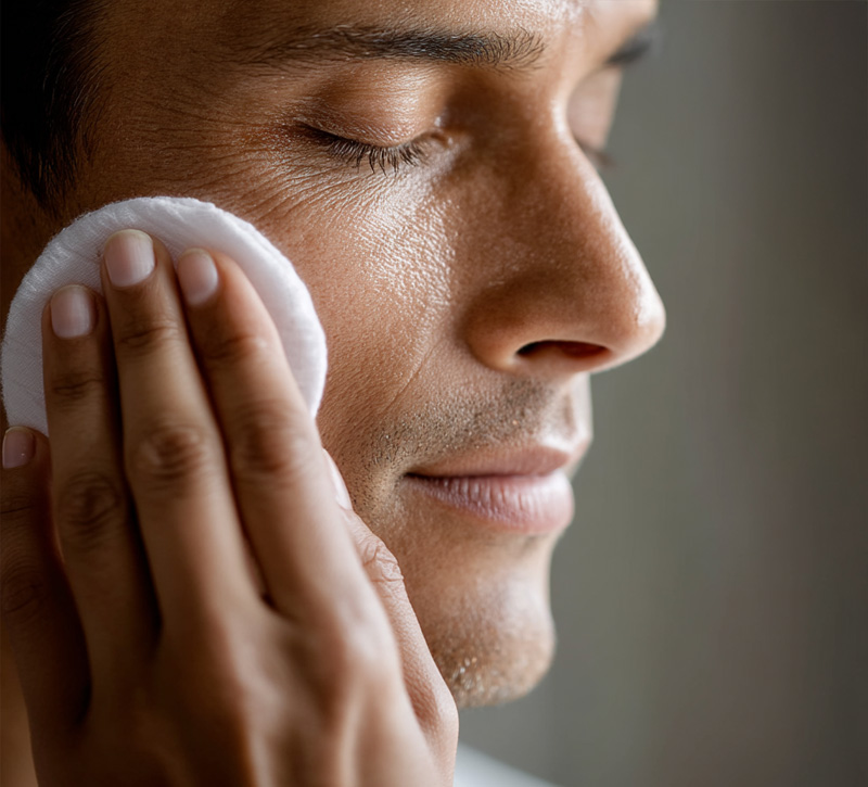 Man performing skincare routine, illustrating aesthetic services for men.