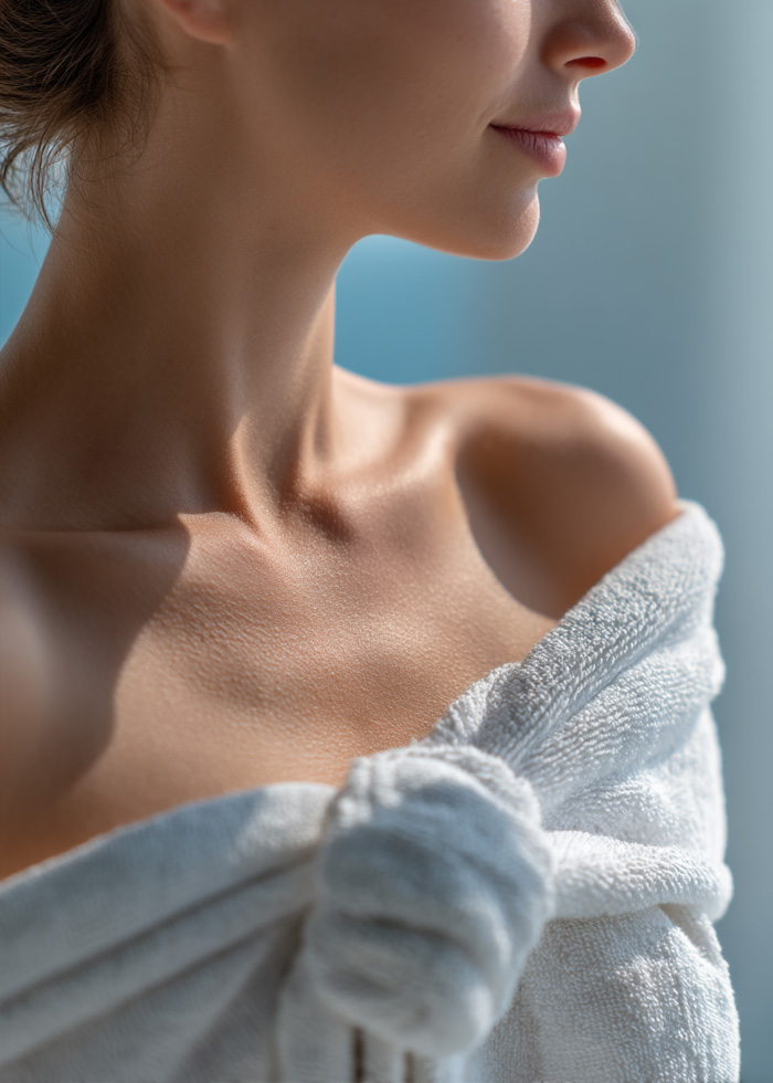 Soft portrait showing neckline area, representing neck and décolletage treatments.