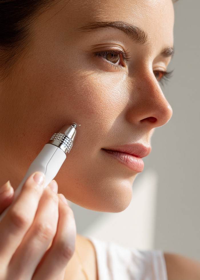 Woman applying skincare product, illustrating facial treatment preparation.