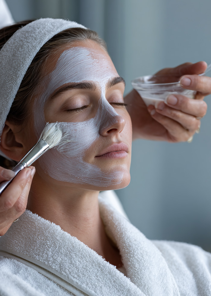 Professional facial mask application as part of a customized facial treatment.