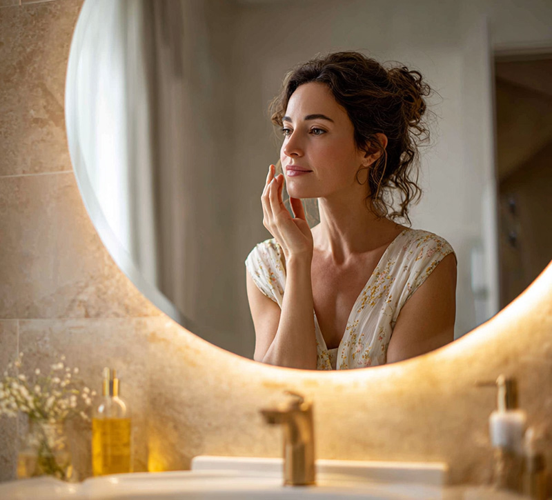 Woman gently touching her face in a softly lit mirror, reflecting personalized aesthetic care.