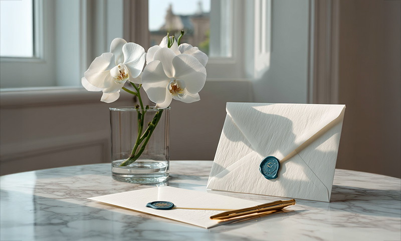 Elegant orchids and sealed envelope on a marble desk, evoking luxury, hospitality, and elevated service.