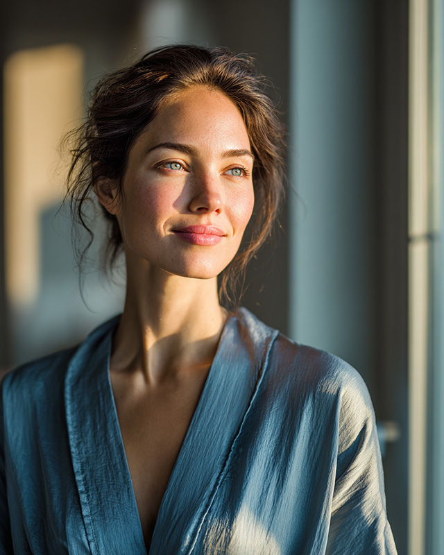 Portrait of a woman in natural light, expressing confidence and radiant beauty after wellness care.