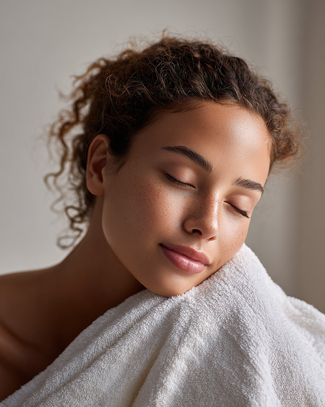 Woman resting peacefully with a towel wrap, representing calming spa and wellness treatments.