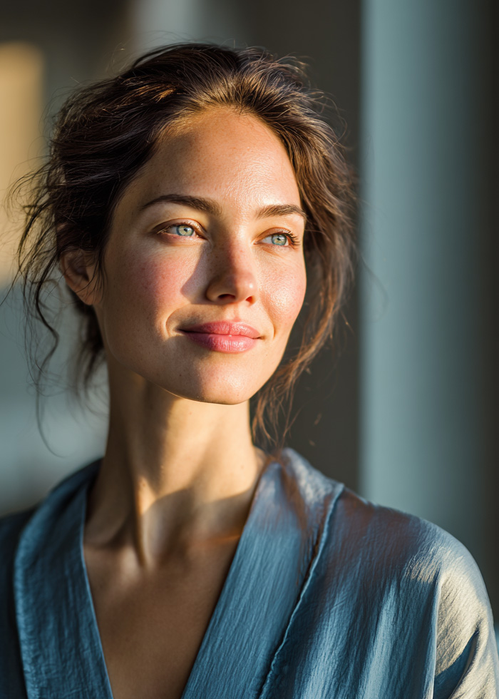 Portrait of a woman in natural light, reflecting confidence and well-being.