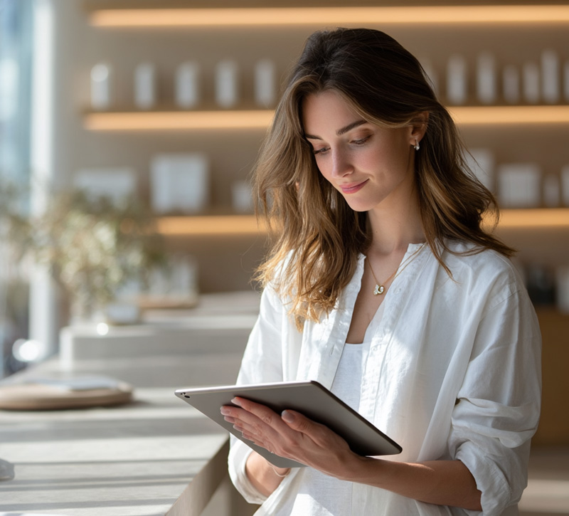 Woman reviewing information on a tablet during a wellness consultation.