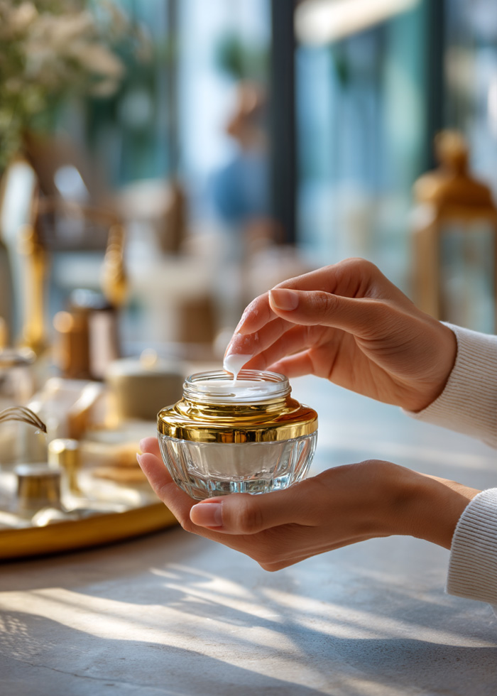 Hands dispensing cream, representing personalized wellness care.