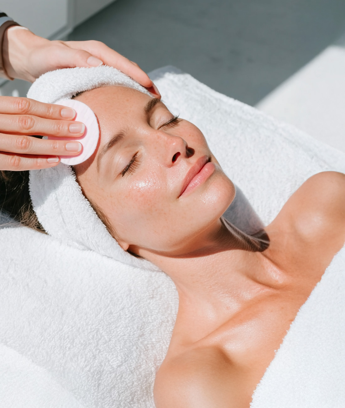 Patient receiving a relaxing facial treatment in a wellness setting.