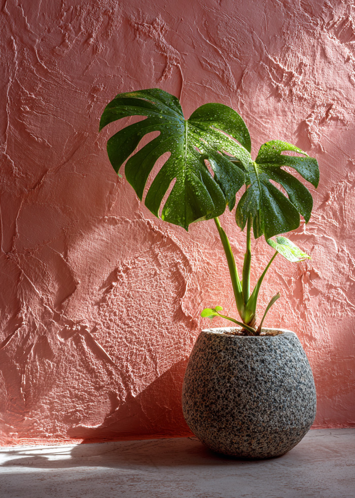 Monstera plant in soft light representing a calming wellness environment.