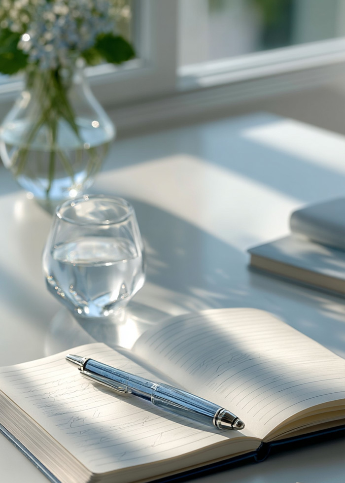 Glass of water and notebook near a window, symbolizing calm and clarity.