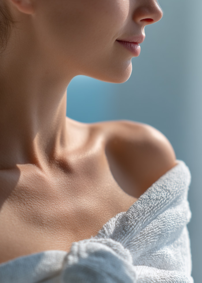 Upper body skin detail highlighting smooth texture and refined body treatment outcomes.