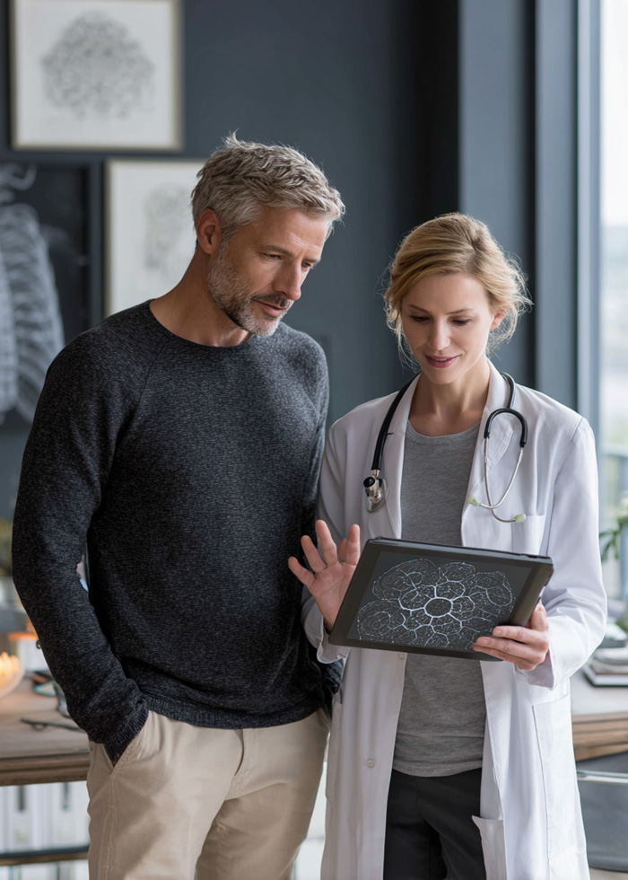Patient and provider reviewing personalized integrative health information on a tablet.