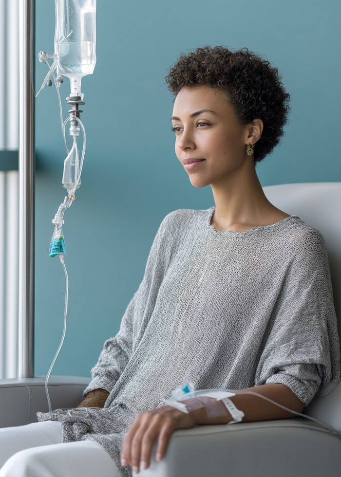 Patient receiving intravenous therapy in a calm clinical wellness setting.