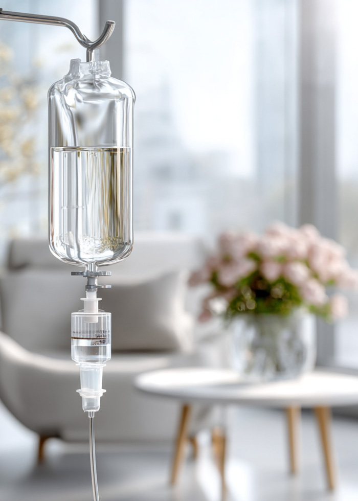 Prepared treatment room with IV setup for integrative wellness services.