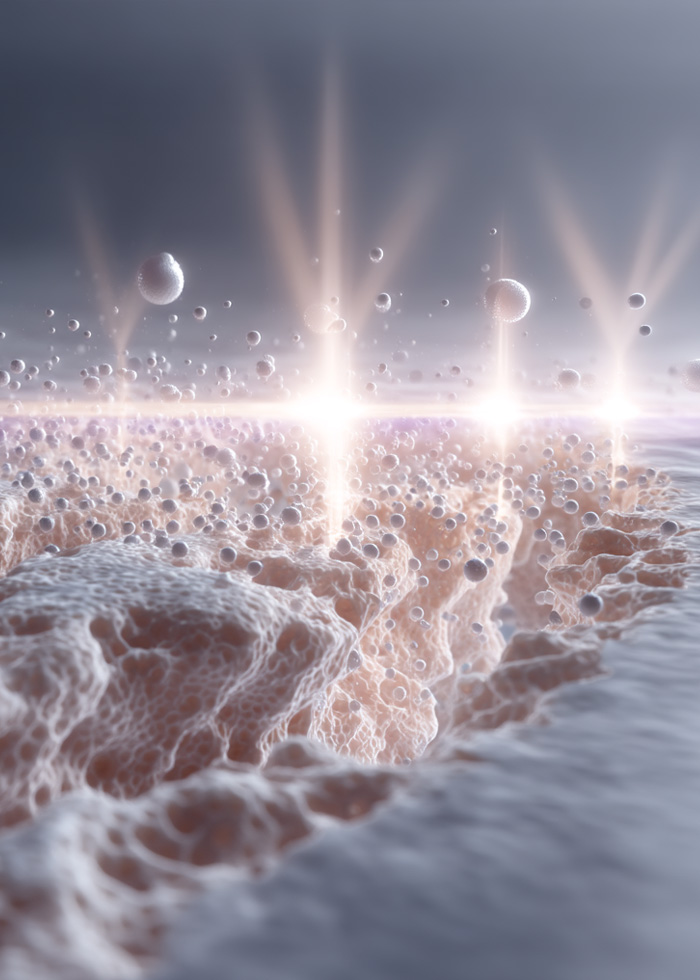 Abstract visualization representing laser energy interaction with skin tissue.