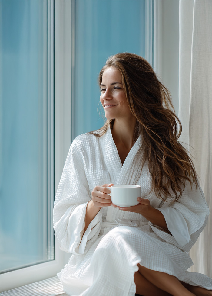 Relaxed post-treatment moment following a laser aesthetics session.