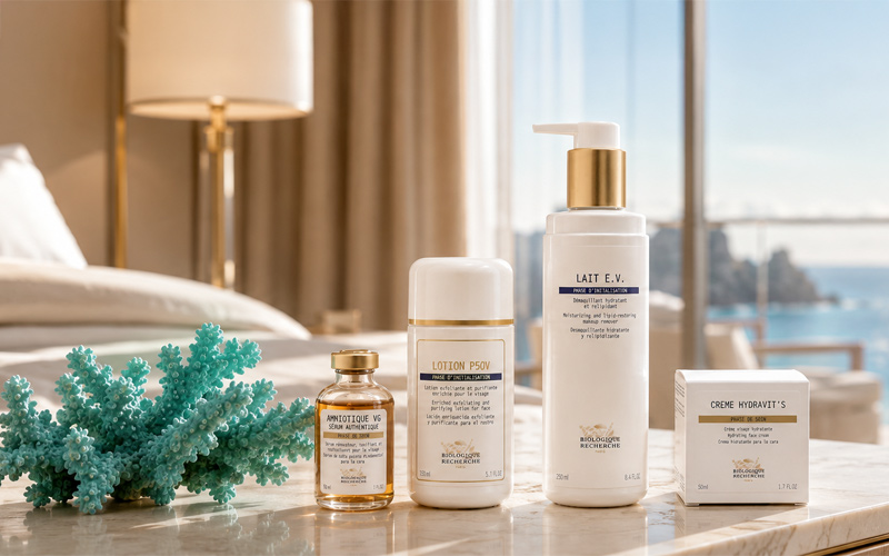 Biologique Recherche four-product starter routine — cleanser, Lotion P50, serum, and moisturizer — retailed at Bogat Aesthetics & Wellness in Hallandale Beach, Florida.