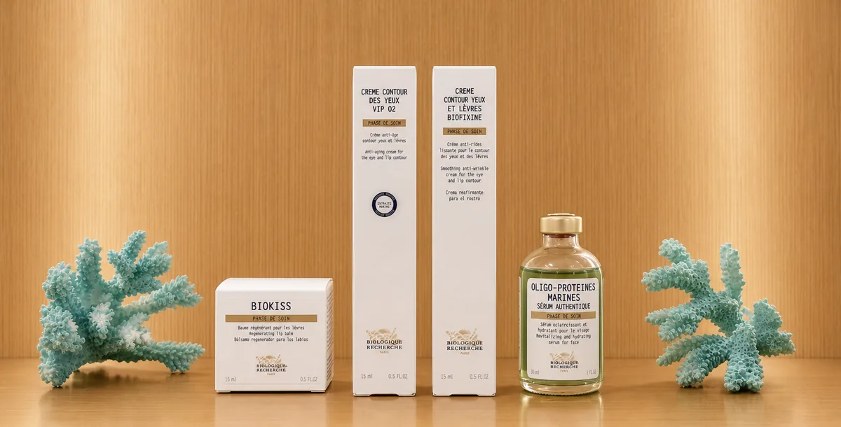 Biologique Recherche eye and lip products at Bogat — Crème Contour des Yeux VIP O2, Crème Contour Yeux et Lèvres Biofixine, Biokiss, and Sérum Oligo-Protéines Marines