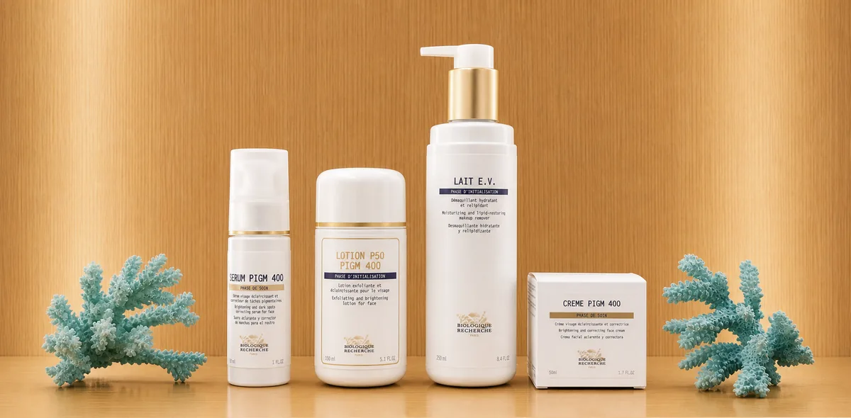 Biologique Recherche PIGM 400 hyperpigmentation routine at Bogat — Sérum PIGM 400, Lotion P50 PIGM 400, Lait E.V., and Crème PIGM 400