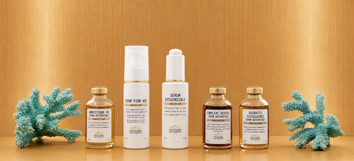 Biologique Recherche serum lineup at Bogat — Amniotique VG, Sérum PIGM 400, Sérum Biosensible, Complexe Iribiol, and Extraits Tissulaires