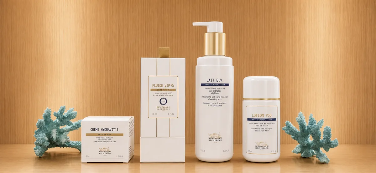 Biologique Recherche starter routine packaging — Lait E.V., Lotion P50, and Crème Hydravit'S — at Bogat in Hallandale Beach