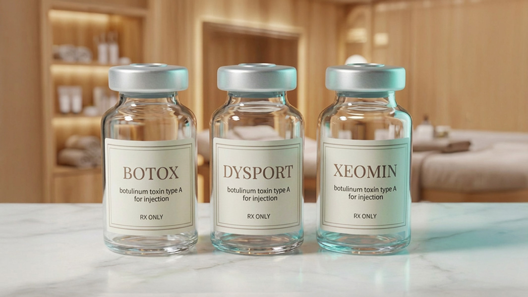 Botox, Dysport, and Xeomin botulinum toxin vials displayed side by side in a medical spa setting