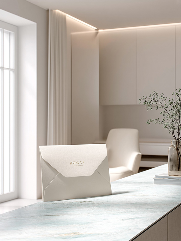 Branded envelope with Bogat Aesthetics & Wellness logo on a table.