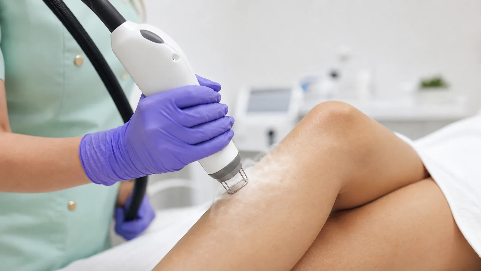 Laser handpiece releasing a cooling burst onto the skin during laser hair removal at Bogat Aesthetics & Wellness in Hallandale Beach, FL.