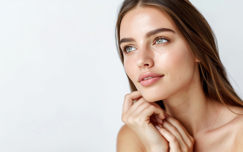 Young woman with clear, glowing skin looking upward thoughtfully with her hand near her chin — representing someone considering their first Botox treatment