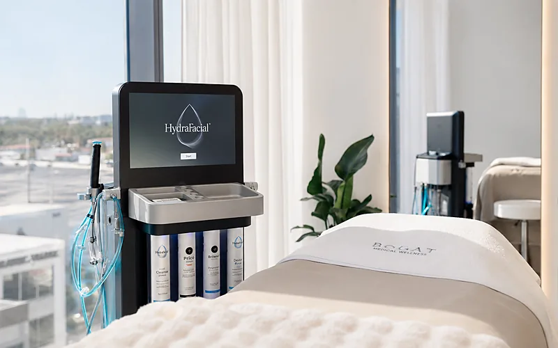 The HydraFacial Syndeo machine and its serum bottles in a treatment room at Bogat in Hallandale Beach, FL