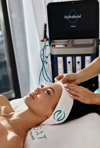 HydraFacial treatment at Bogat Aesthetics & Wellness in Hallandale Beach, FL — client with the HydraFacial device and serums in the background