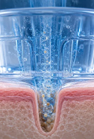 Close-up of the HydraFacial vortex tip drawing debris from a pore while infusing hydrating serum