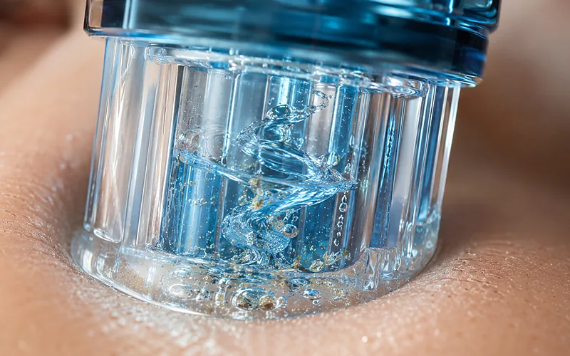 Close-up of the HydraFacial Vortex-Fusion tip swirling serum and lifting debris from the skin during the extraction step