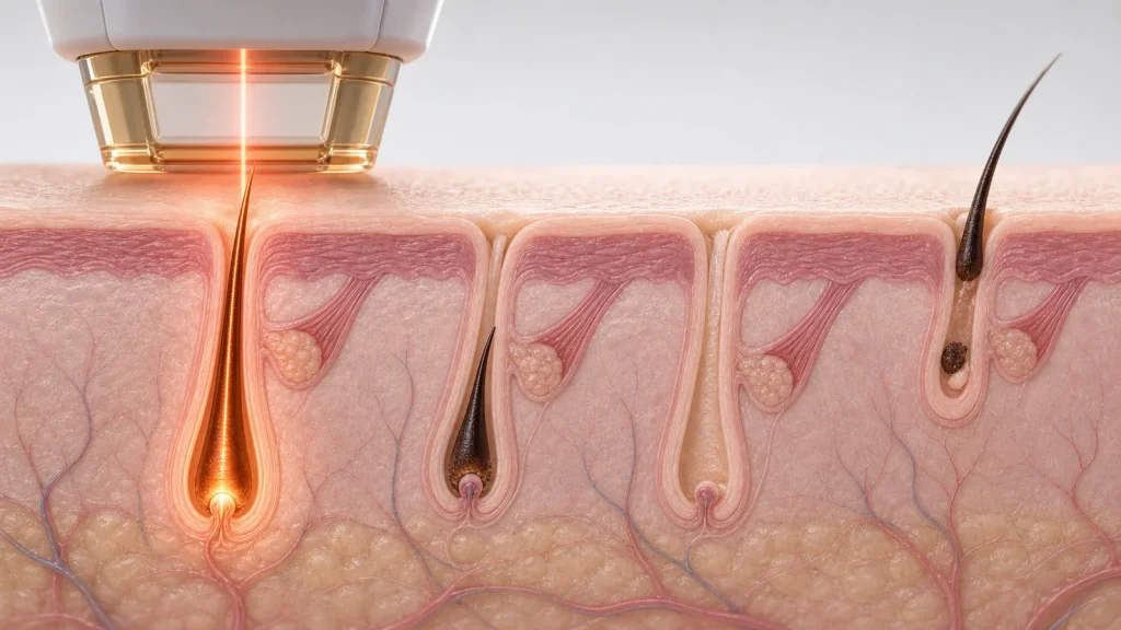 Cross-section diagram of how laser hair removal works: light absorbed by a pigmented hair turns to heat that disables the follicle, with neighboring follicles shown at different stages of the hair growth cycle.
