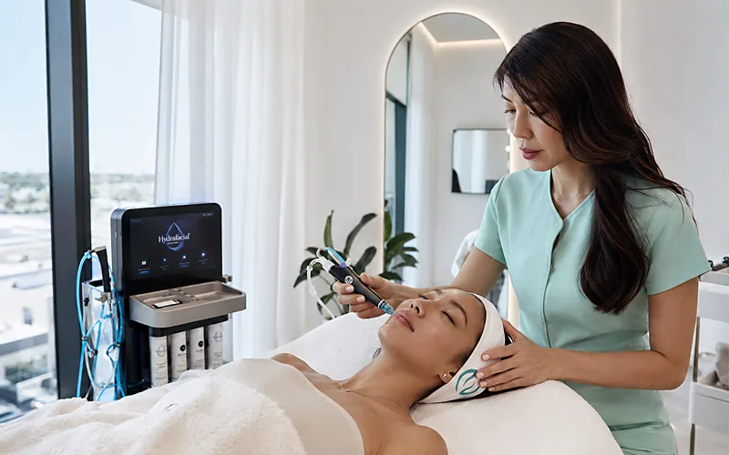 Aesthetician performing a HydraFacial with the HydraFacial Syndeo device at Bogat Aesthetics & Wellness in Hallandale Beach, FL